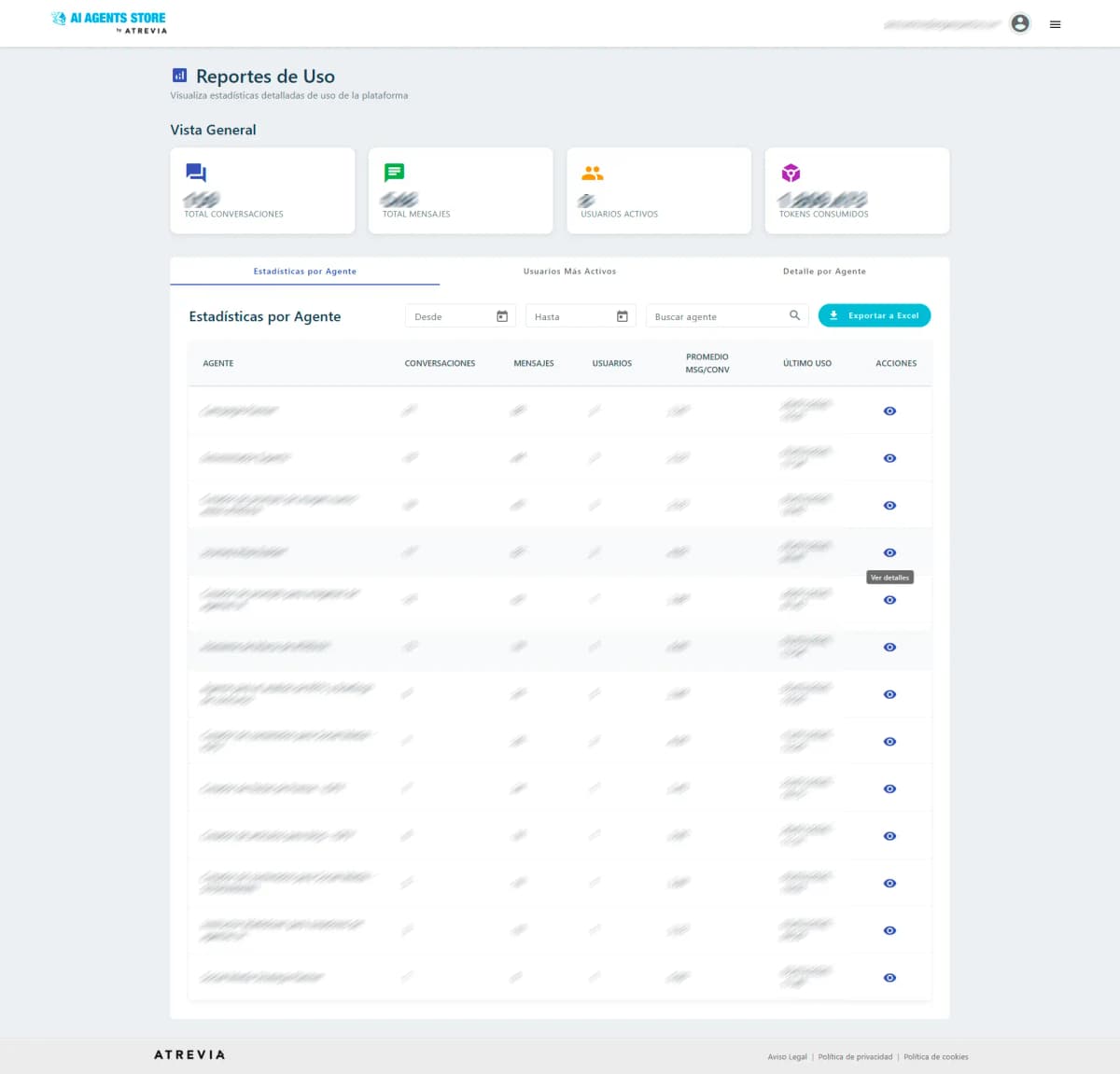 ATREVIA AI Agents Store — Panel de reportes y analíticas de uso